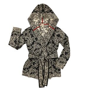 Neve Icelandic Hooded Wool Cardigan Sweater Womens Medium Grey Ivory Floral Knit